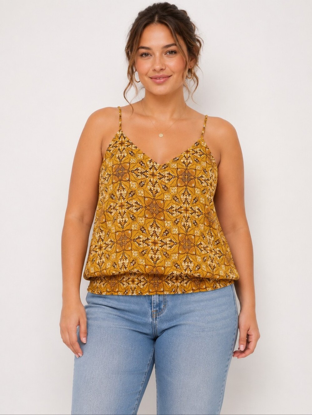 Pink Republic NWT Juniors XXL Gold Mine Tile Smocked Hem Boho Cami Tank Top